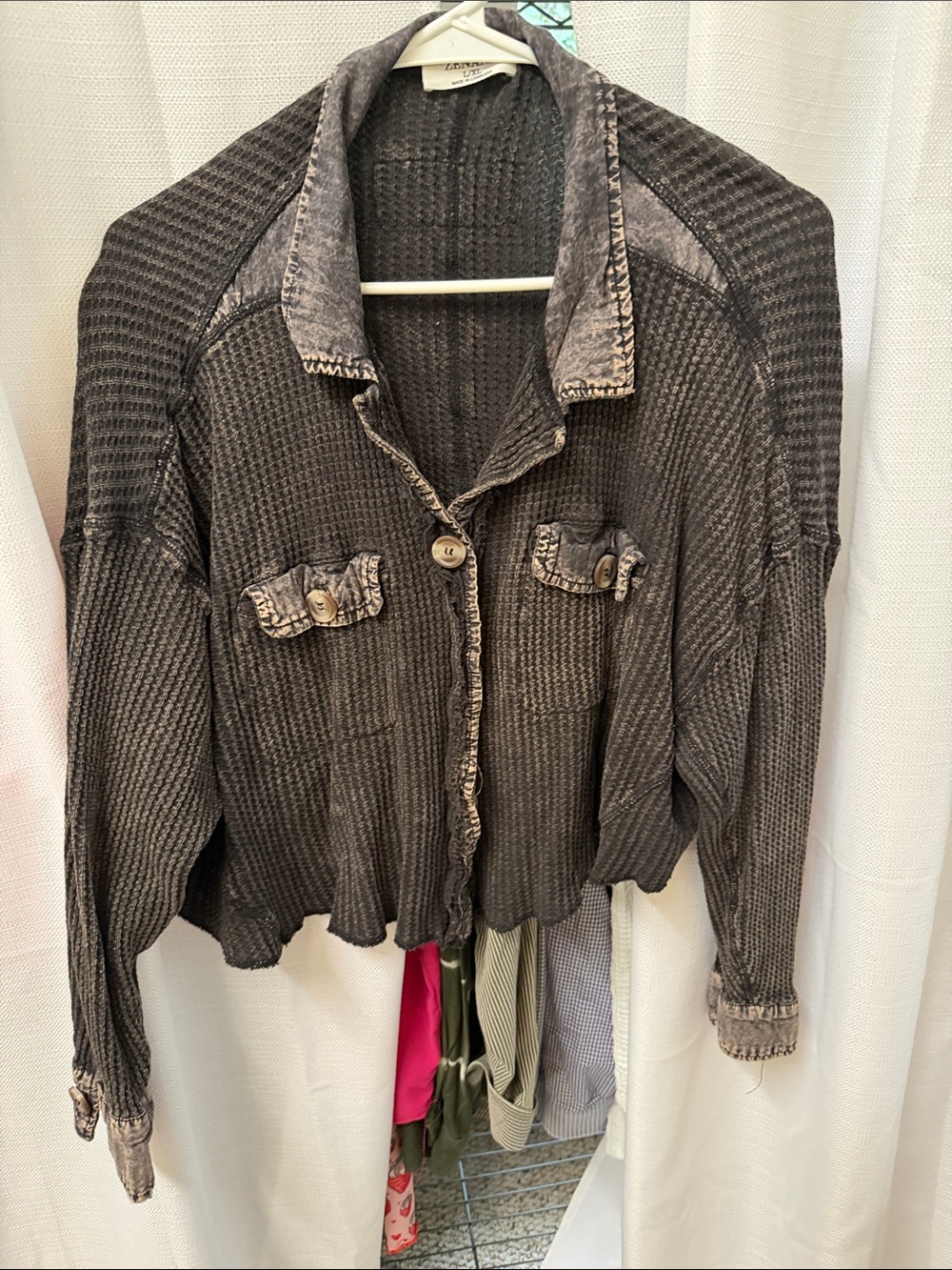 Zenana Washed Charcoal Waffle-Knit Button Front Top or Shacket.